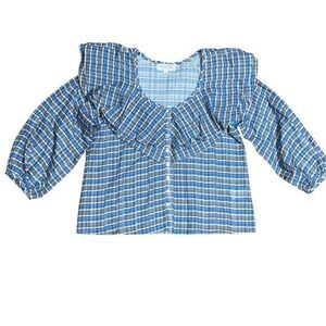 Nation LTD Los Angeles Ruffle Collar Button Front Balloon Sleeve Plaid Blouse‎ S